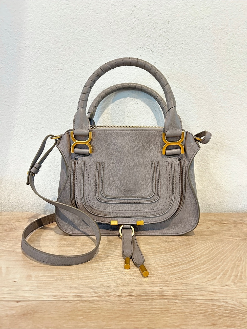 NWT Chloe Small Marcie bag in grained leather Cashmere Grey, Retail $2490